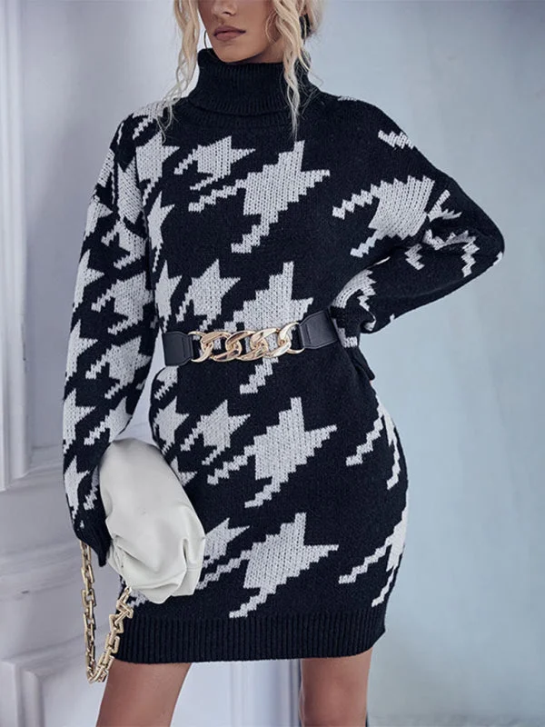 Knitted High Neck Houndstooth Sweater Dress