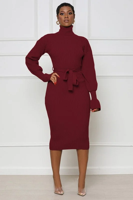 Lisa Long Sleeve Bodycon Turtleneck Midi Burgundy Sweater Dress | Claude