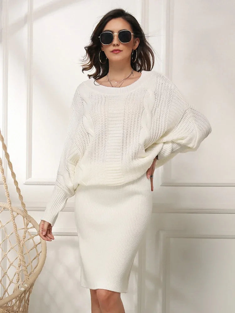 Women Knit Textured Sweater Blouson Dress for Fall & Winter