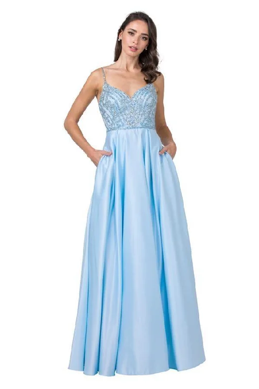 Long Formal Beaded Spaghetti Strap Prom Ball Gown