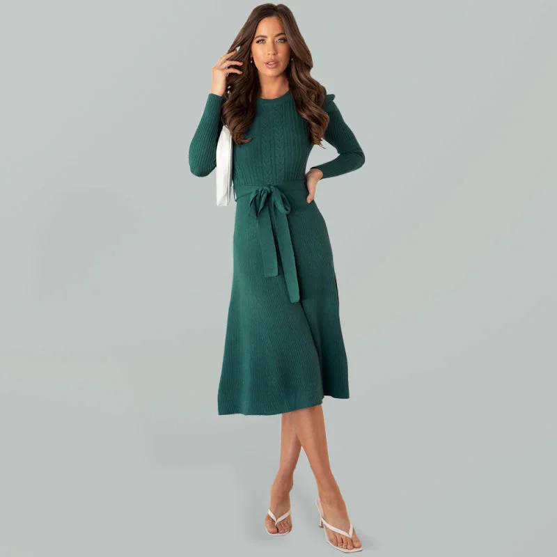 Knit Sweater Belted Dress with Ribbed & Cable Detail, Puff Sleeve