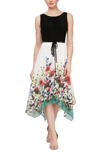 SL Fashions 9177399 Floral Midi Formal Dress