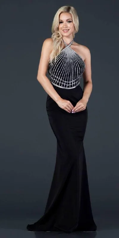 Long Formal Beaded Bodice Halter Evening Prom Dress