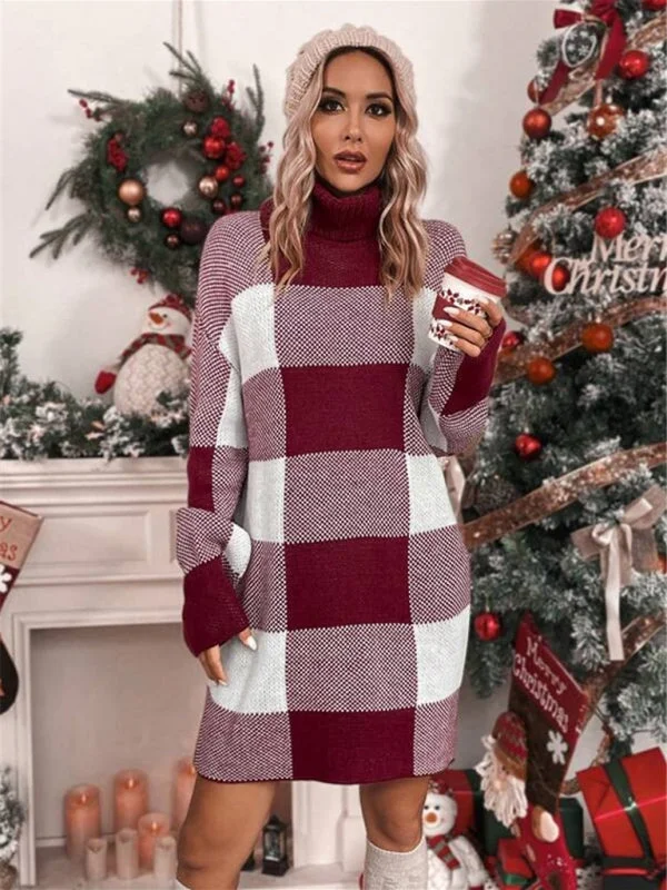 Plaid Knit Turtleneck Sweater Dress for Winter Days