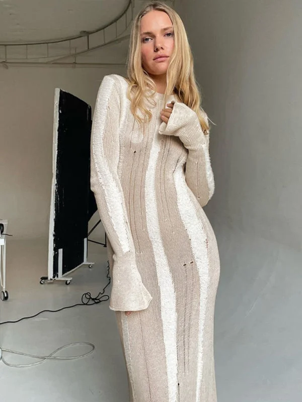 Long Sleeve Bodycon Distressed Wool Cashmere Sweater Maxi Dress