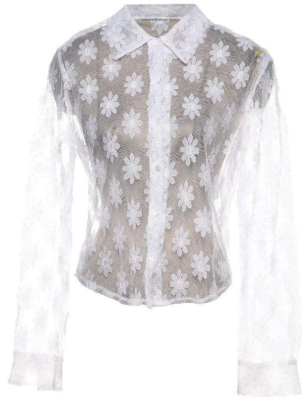 Floral Lace White Sheer Evening Shirt - M