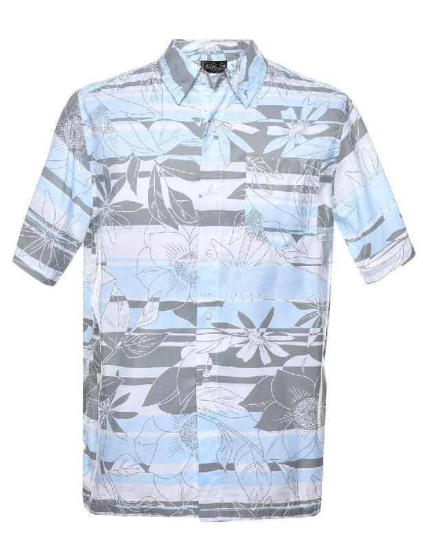 Floral Light Blue & Grey Hawaiian Shirt - M