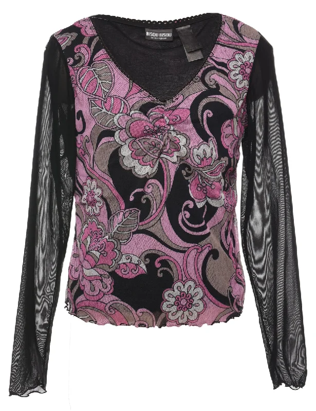 Floral Y2K Purple & Black Printed Top - M