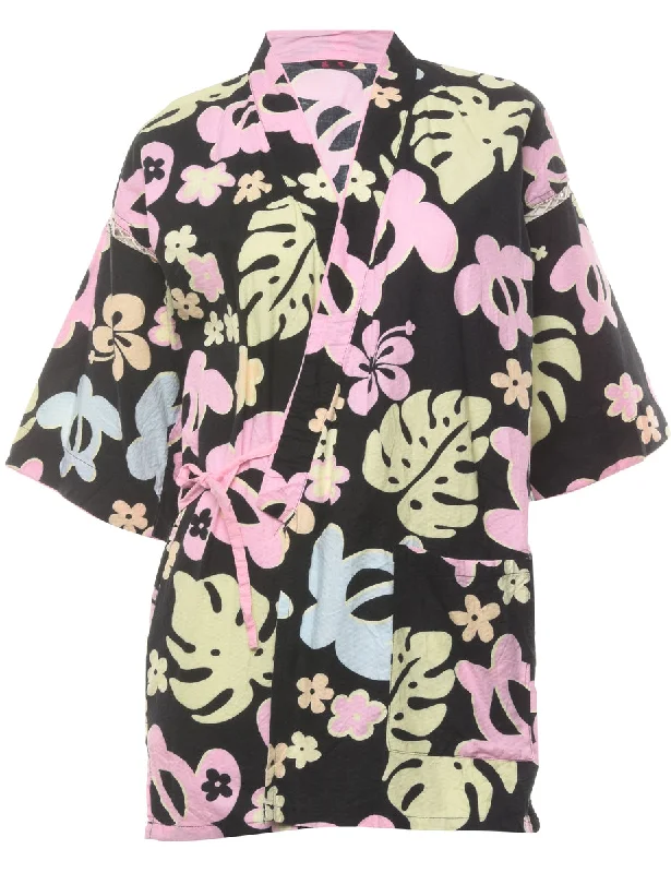 Foliage Print Midi Length Kimono - M