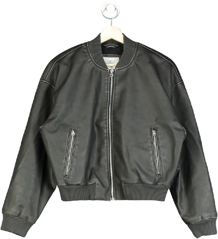 Hollister Black Faux Leather Bomber Jacket UK XS