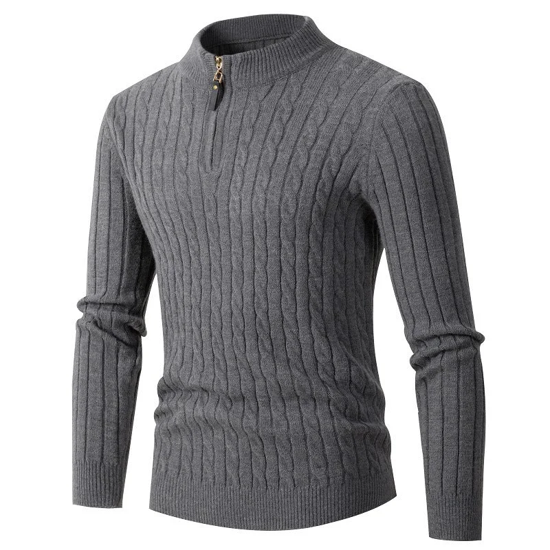 Men's Thick Twist Sweater Zipper Half Open High Collar Warm Sweater Bottoming Shirt