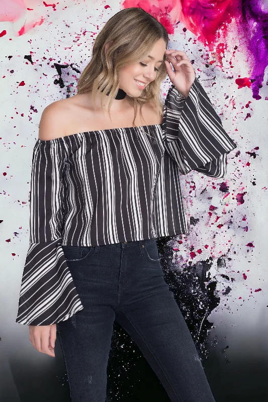 Women's Off Shoulder Casual Stripe Bell Sleeve Top