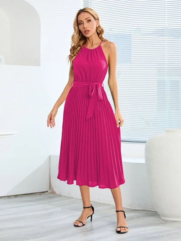 Women's woven sexy spaghetti strap sleeveless pleated skirt