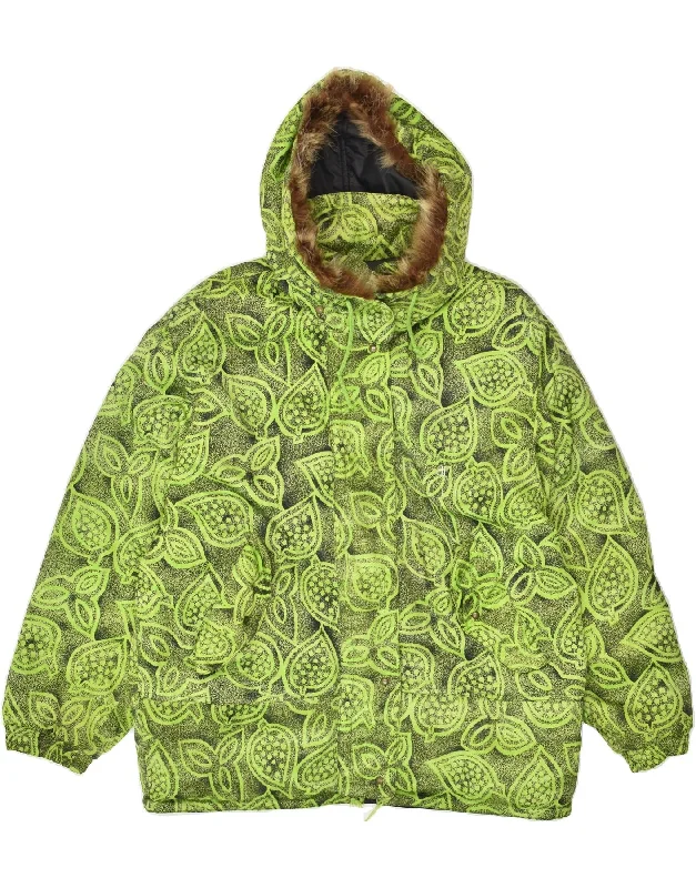 BELFE Womens Hooded Padded Jacket UK 16 Large Green Floral Polyester