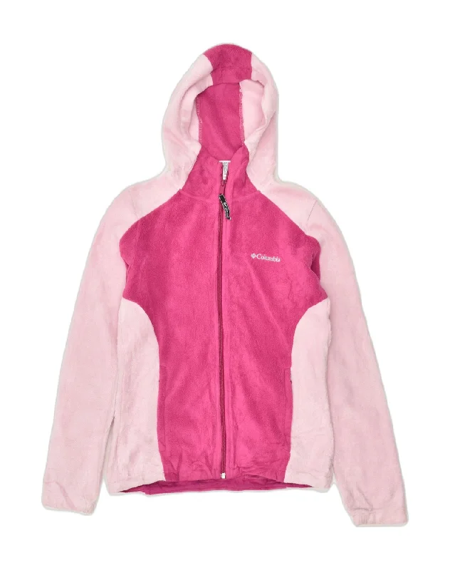 COLUMBIA Womens Hooded Fleece Jacket UK 14 Medium Pink Colourblock