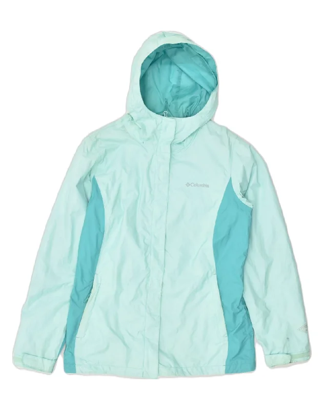 COLUMBIA Womens Hooded Rain Jacket UK 14 Medium Blue Colourblock Nylon