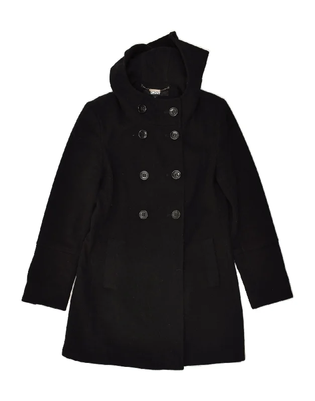 DKNY Womens Hooded Double Breasted Coat US 6 Medium Black Wool