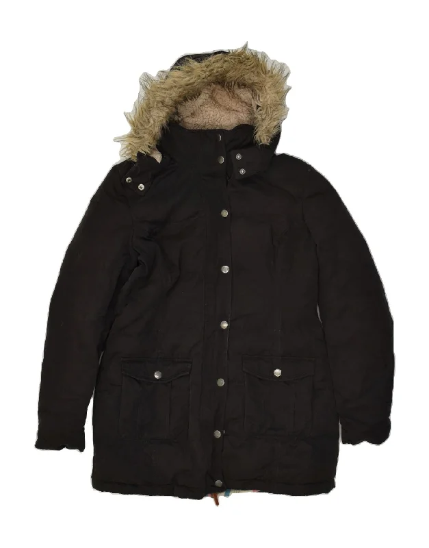 FAT FACE Womens Hooded Parka Jacket UK 12 Medium Black Polyester