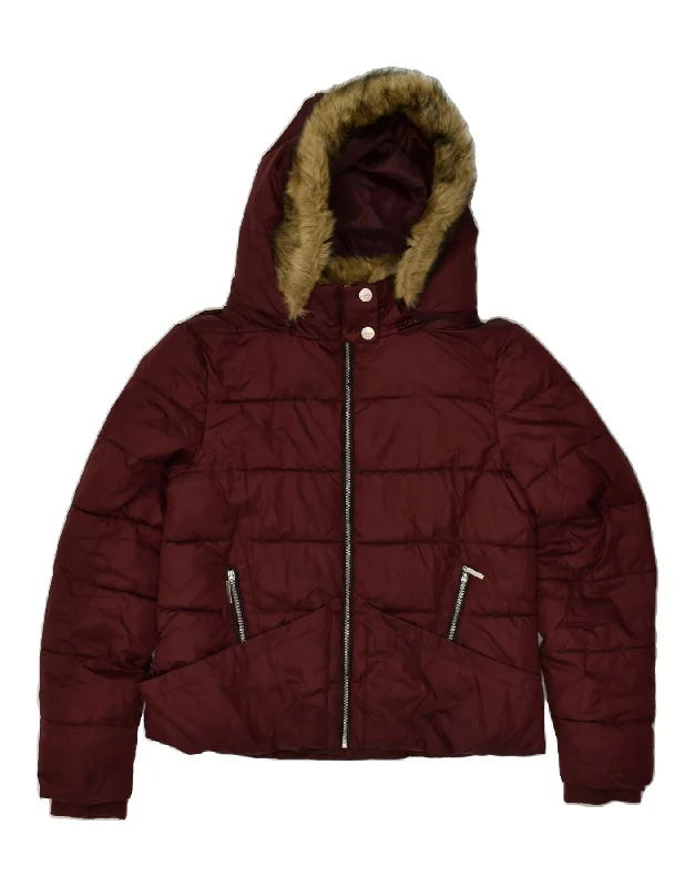 GUESS Womens Hooded Padded Jacket UK 14 Medium Burgundy Polyester