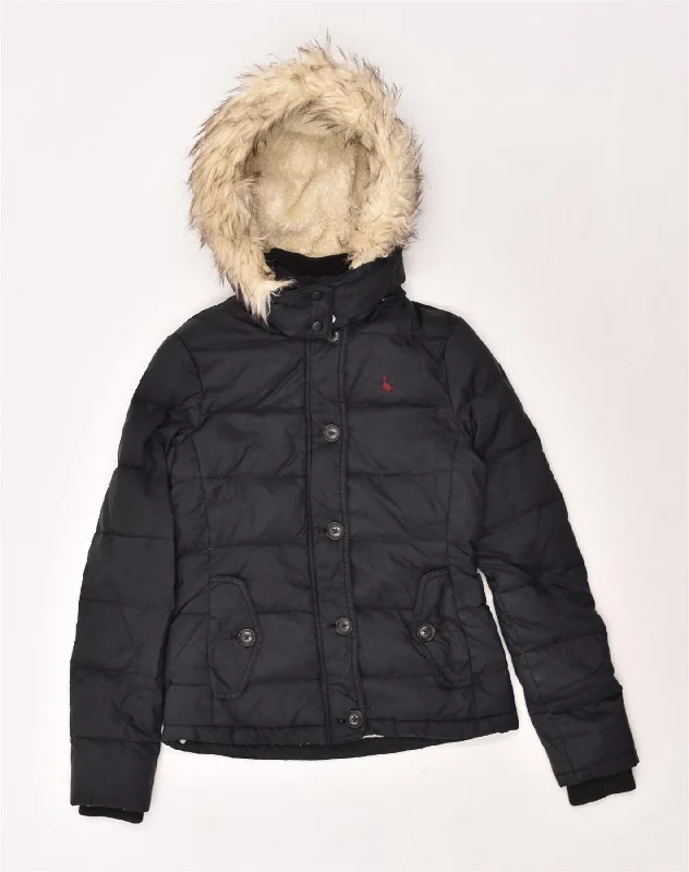 JACK WILLS Womens Sherpa Hooded Padded Jacket UK 8 Small Black Polyester