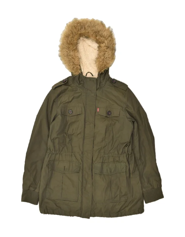 LEVI'S Womens Hooded Parka Jacket UK 16 Large Khaki Cotton