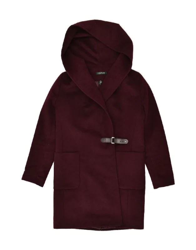 RALPH LAUREN Womens Hooded Overcoat US 4 Small Burgundy Wool