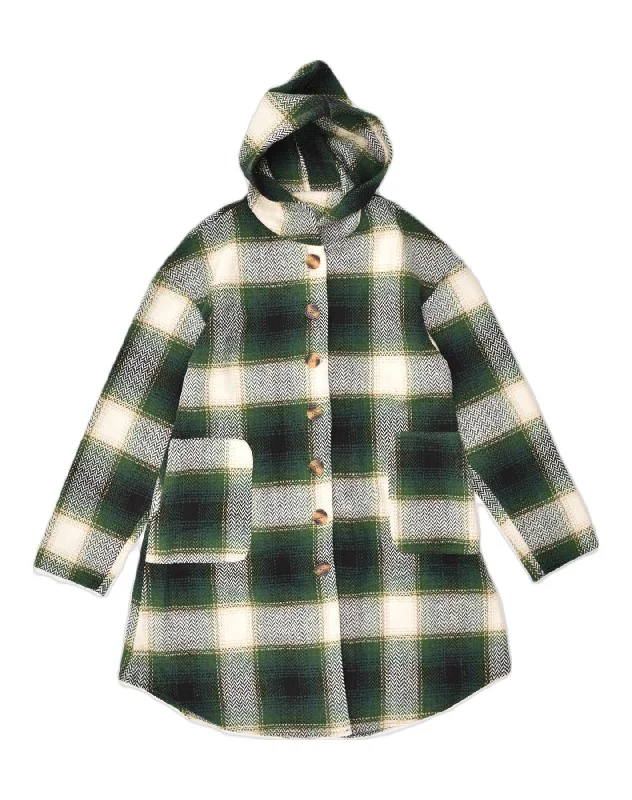 SHEIN Womens Hooded Overcoat UK 14 Large Green Check Polyester