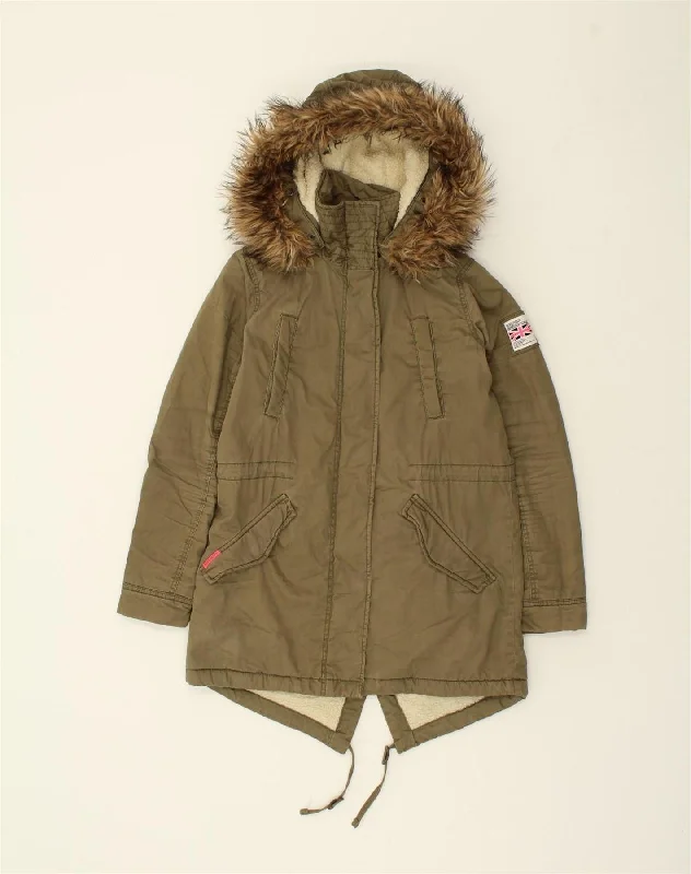 SUPERDRY Womens Hooded Parka Jacket UK 14 Medium Khaki Cotton