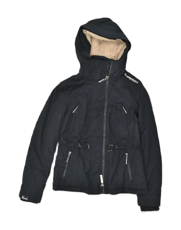 SUPERDRY Womens Windparka Hooded Windbreaker Jacket UK 12 Medium Black