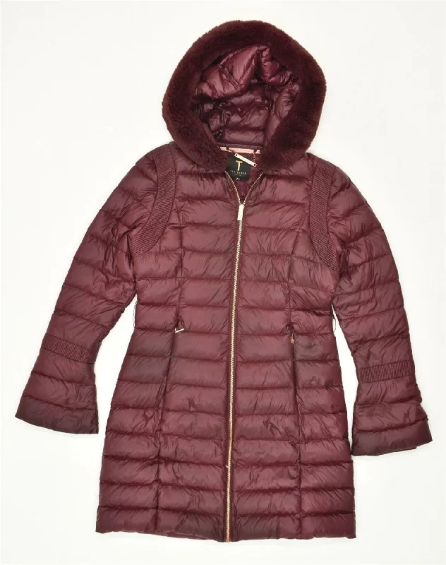 TED BAKER Womens Hooded Padded Coat Size 2 Small Burgundy Polyamide