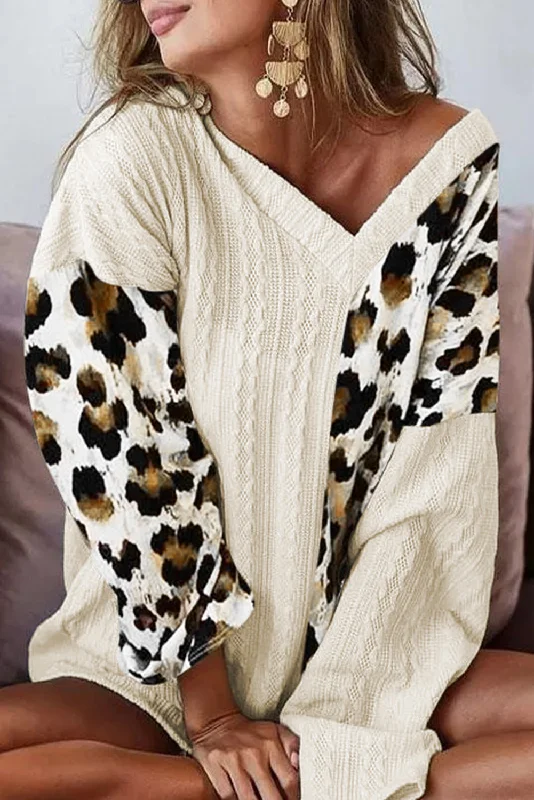 Beige V Neck Leopard Colorblock Patchwork Long Sleeve Top