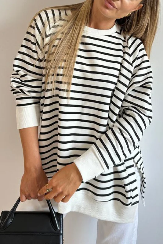 Black Stripe Raglan Sleeve Loose Split Sweatshirt