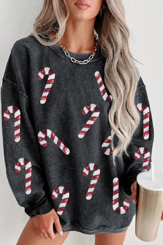 Black Xmas Candy Cane Shining Graphic Corded Sweatshirt