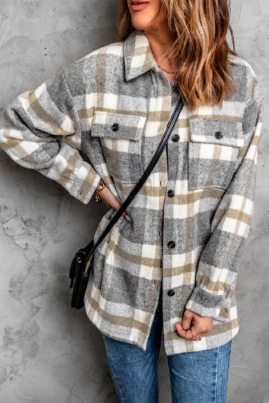 Brown Plaid Print Casual Pocket Shacket