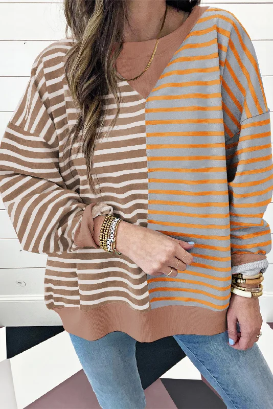 Brown Stripe Colorblock Drop Shoulder Oversize Sweatshirt