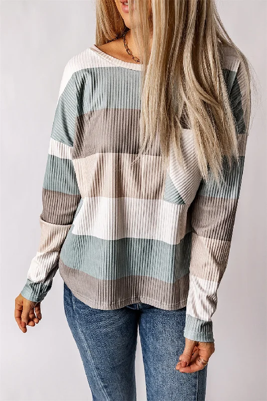 Green Color Block Casual Pocket Long Sleeve Top