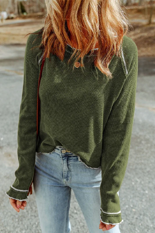 Green Textured Exposed Seam Long Sleeve Top