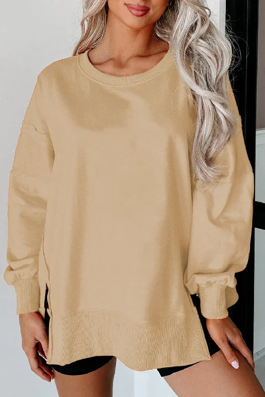 Light Beige Exposed Seam Drop Shoulder Side Slit Sweatshirt