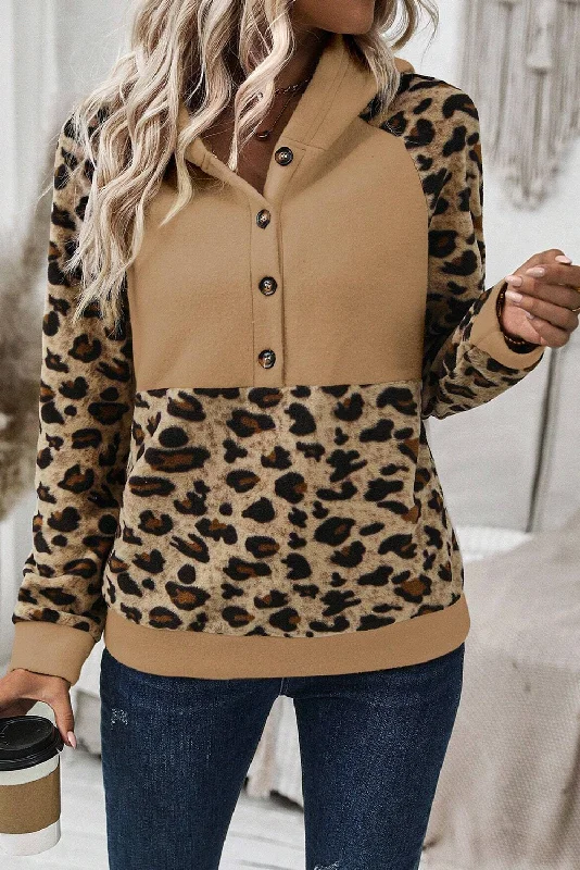 Light Beige Leopard Patchwork Raglan Sleeve Half Buttons Hoodie