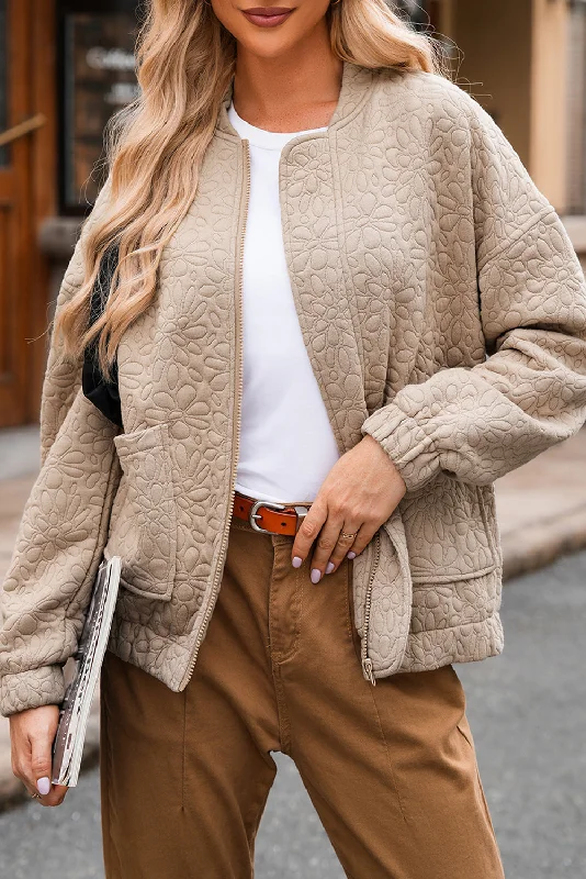 Light French Beige Plain Floral Embossed Zip Up Jacket