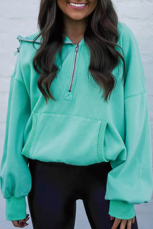 Mint Green Pocket Loose Half Zip Hoodie