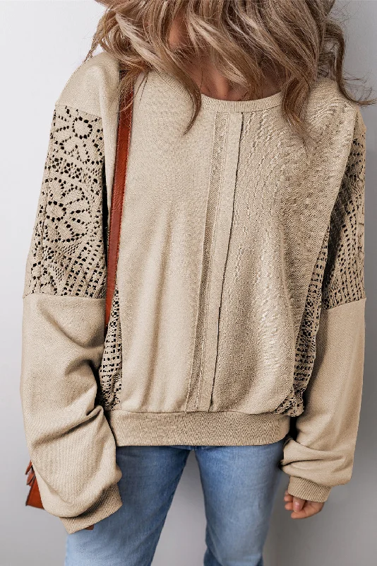 Parchment Crochet Patchwork Exposed Seam Ribbed Trim Sweatshirt