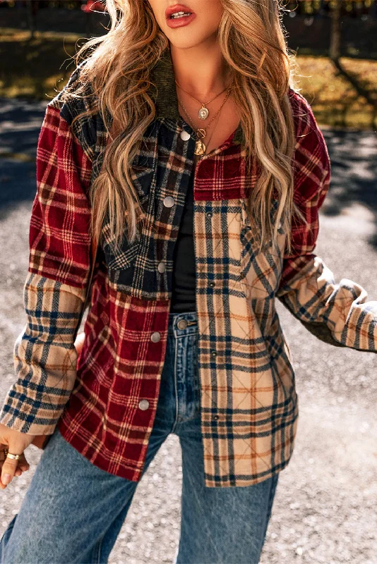 Red Mixed Plaid Pocketed Button-up Shacket