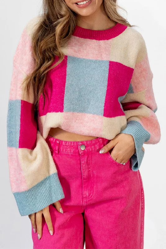 Rose Red Color Block Drop Shoulder Loose Fit Sweater