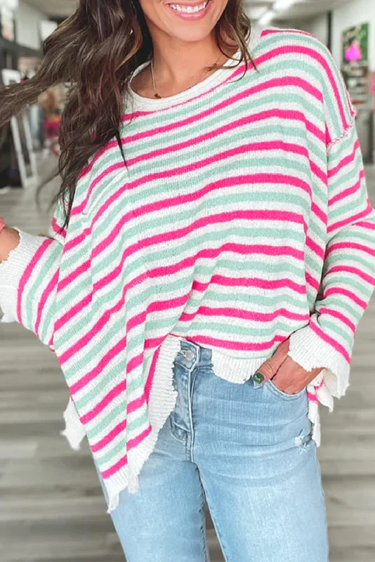 Rose Stripe Distressed Pocket Drop Sleeve Sweater