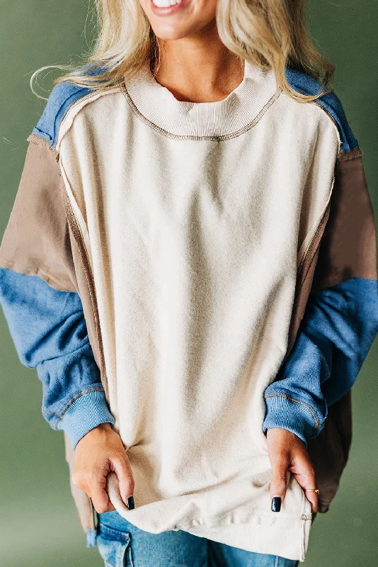 Sky Blue Colorblock Exposed Seam Patchwork Oversized Sweatshirt