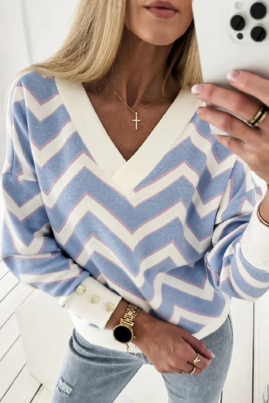 Sky Blue Zigzag Striped Print V Neck Sweater