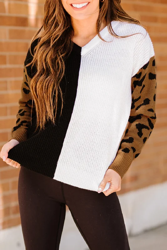 White & Black Color Block Cheetah Print Sleeve V Neck Sweater