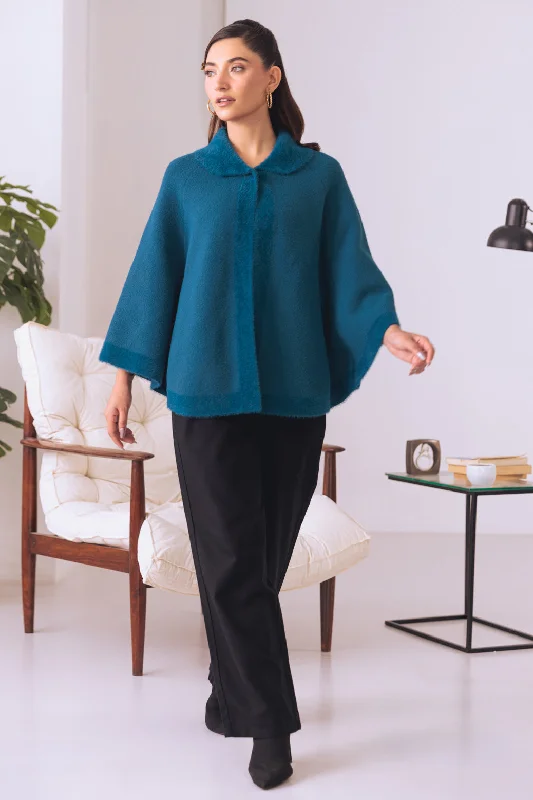 TEAL CAPE STYLE FULL SLEEVES CARDIGAN SWEATER (24X-073-66)