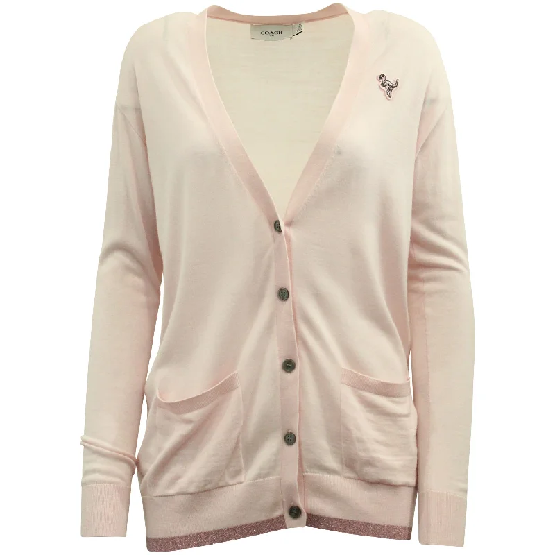 Coach Rexy Patch Metallic Cardigan in Light Pink Wool